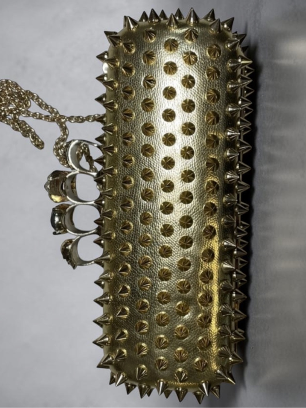 Edgy style Gold Spike Evening Clutch/ crossbody bag with skull knuckle handle - Picture 2 of 13